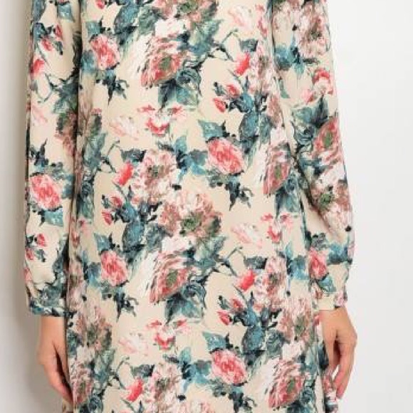 Cream Floral Long Sleeve Shift Dress - Picture 2 of 5